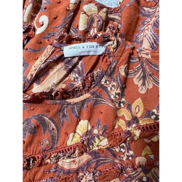 Spell & Gypsy Collective Rust Brown Blouse Top Floral Ruffle Longsleeve Medium - Picture 7 of 7